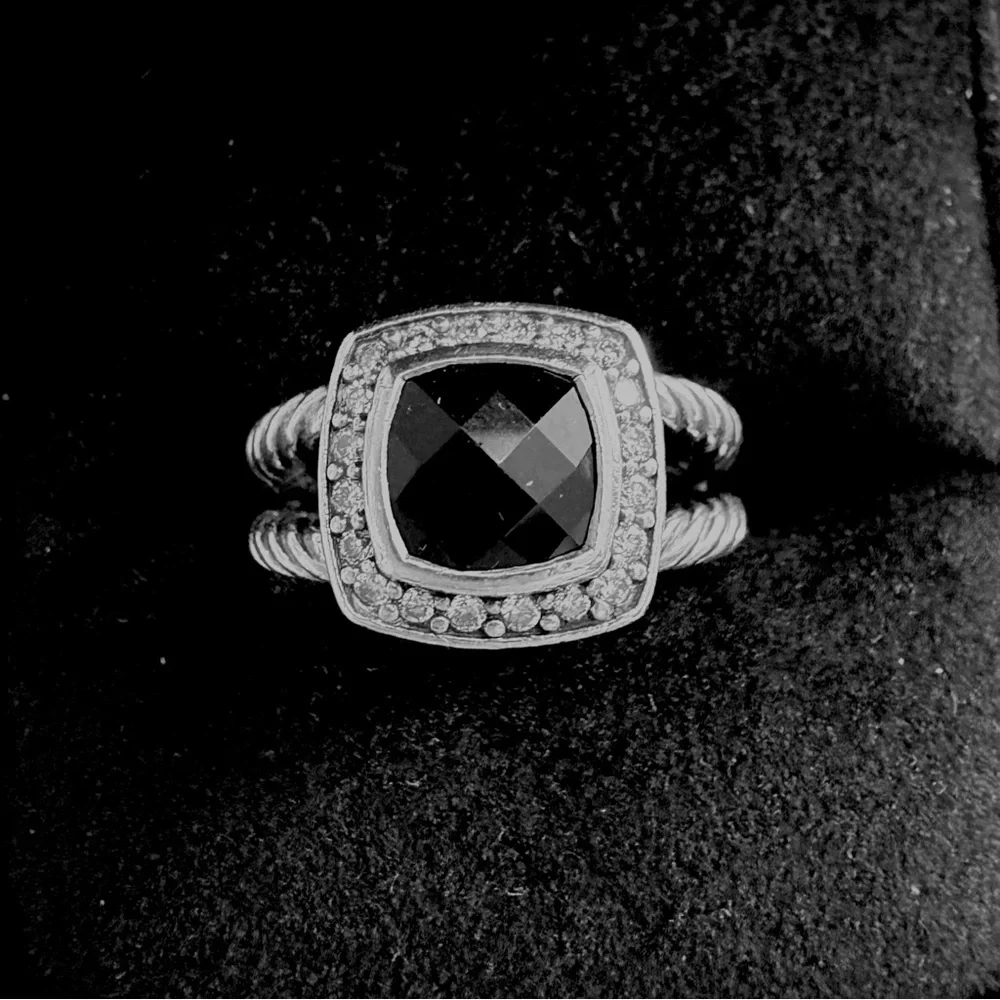 David Yurman Petite Albion Black Onyx/Diamond 925 Silver Ring 7mm stone sz 5.5-6 - Picture 1 of 5